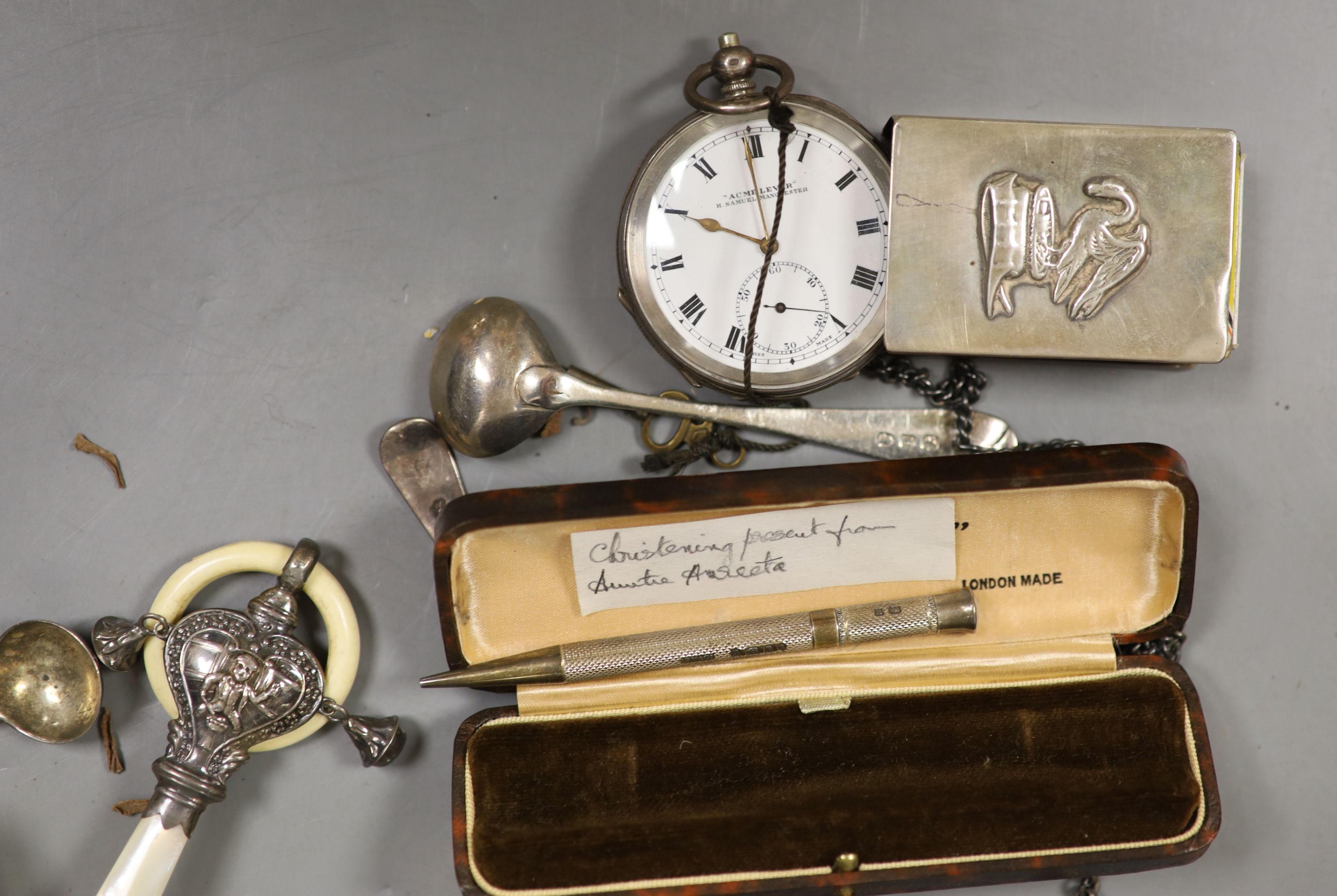 Sundry small silver including a silver trinket box, Victorian salt, two silver cream jugs, three silver dishes, 19th century mother of pearl snuff box, 6cm, pocket watch, photograph frames, etc.